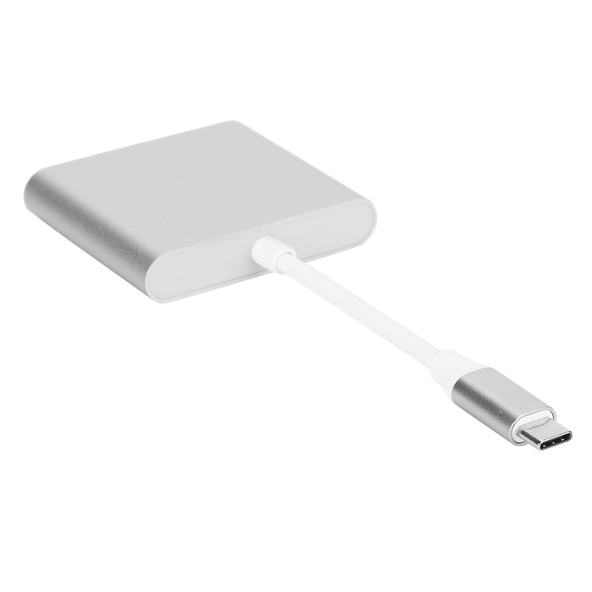 Ein silberner Adapter mit einem USB-C-Anschluss an einem Ende und einem USB-Anschluss am anderen. Weißer Hintergrund.