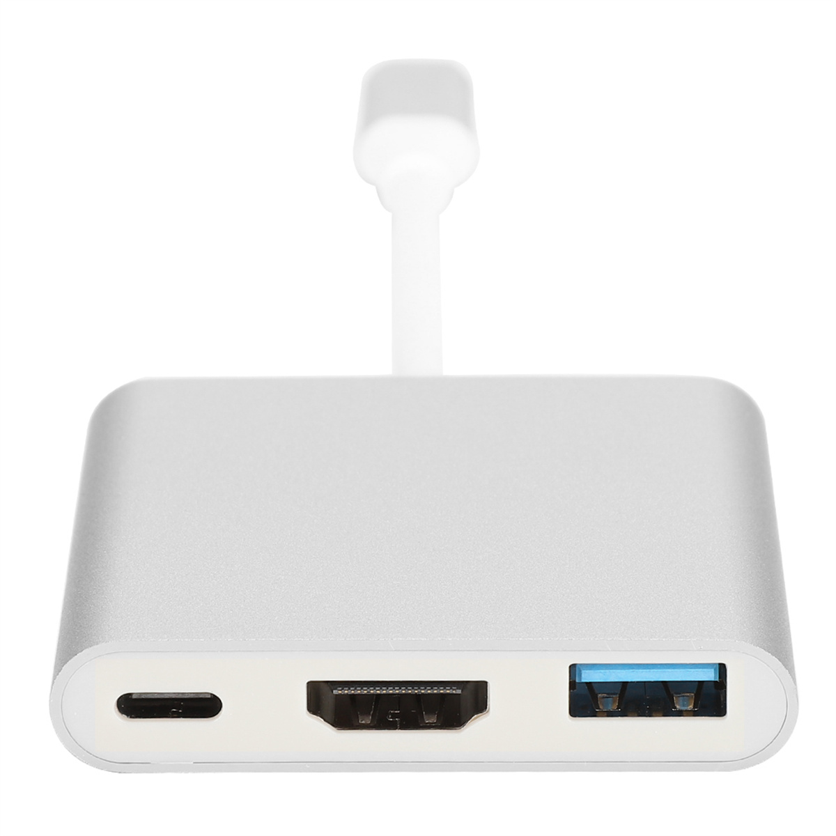 Ein silberner Multiport-Adapter mit USB-C, HDMI und USB-Anschlüssen. Der Hintergrund ist weiß.