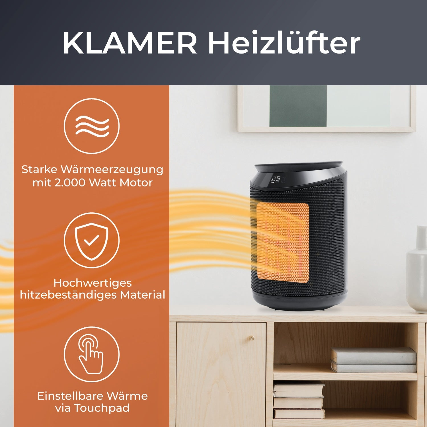 Ein schwarzer Heizlüfter mit orangenem Gitter, mit Text und Symbolen auf orangefarbenem und Holzgrund.