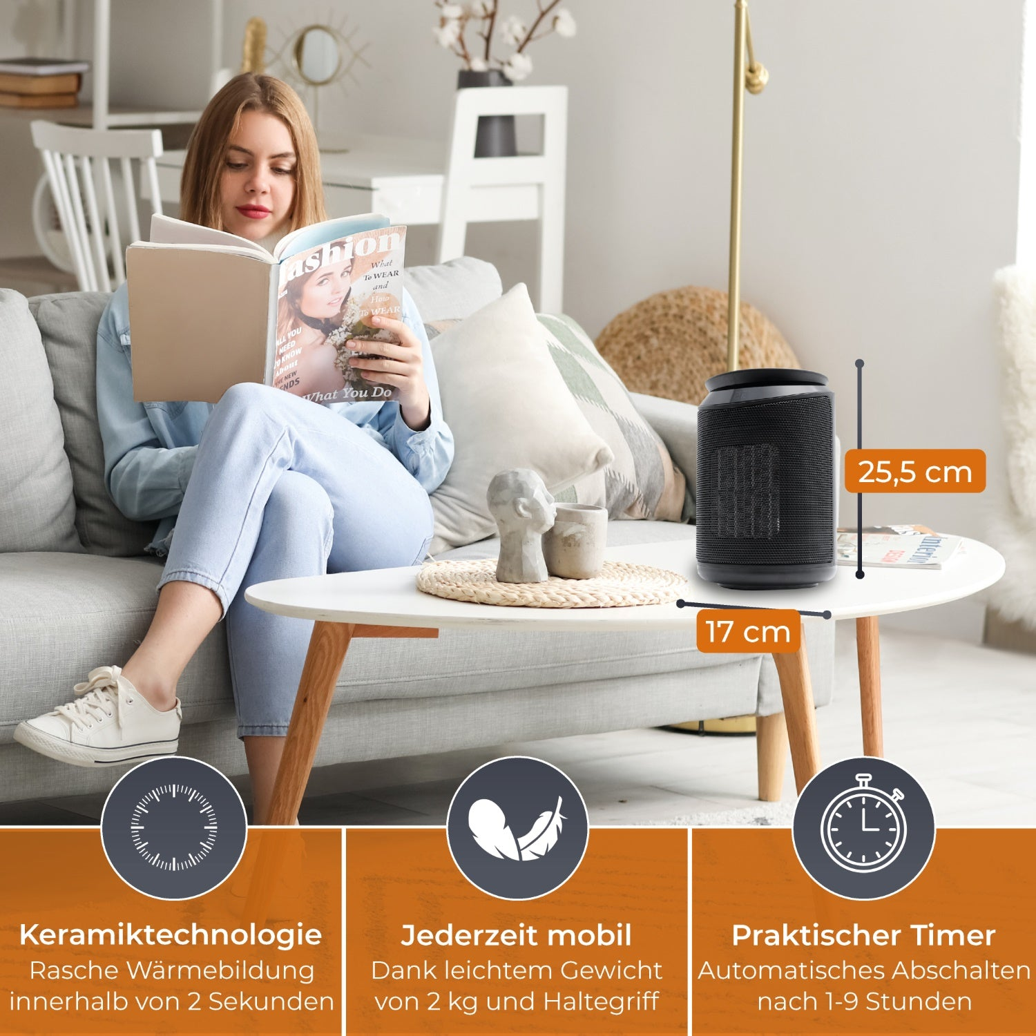 Eine Frau liest auf einem Sofa neben einem kleinen Tisch mit Heizung und Dekorationen.