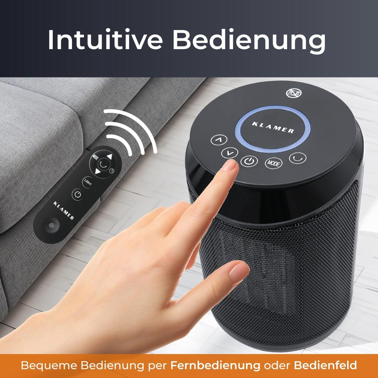 Eine schwarze Heizung mit Touchpanel und Fernbedienung. Der Text lautet Intuitive Bedienung.