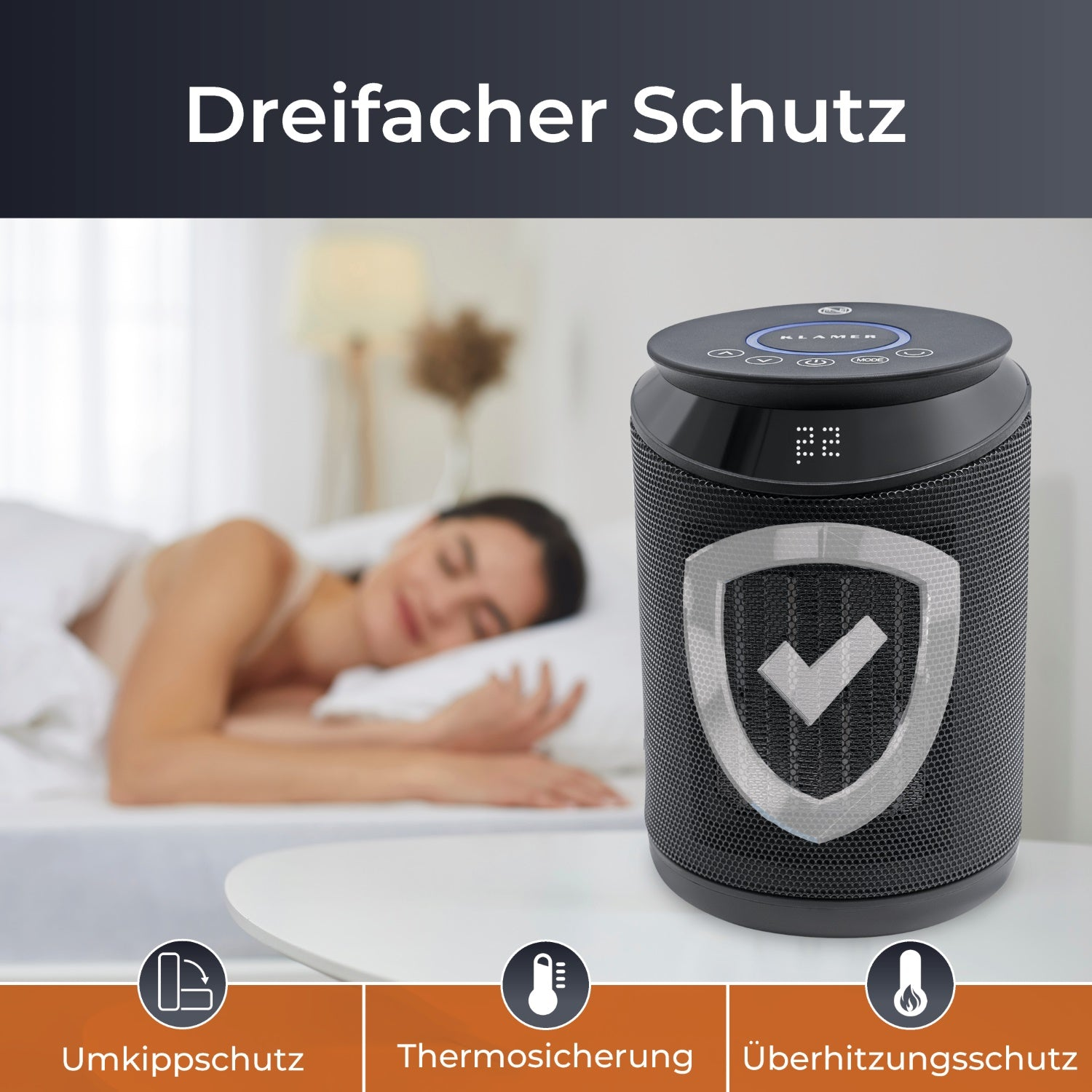 Schwarz-graue Heizung. Eine Person schläft im Hintergrund. Weißer Tisch.