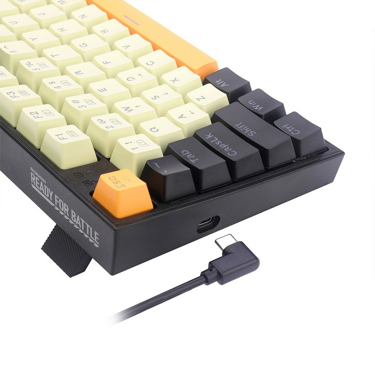 Klawiatura mechaniczna z żółtymi i czarnymi klawiszami oraz portem USB-C do ładowania.