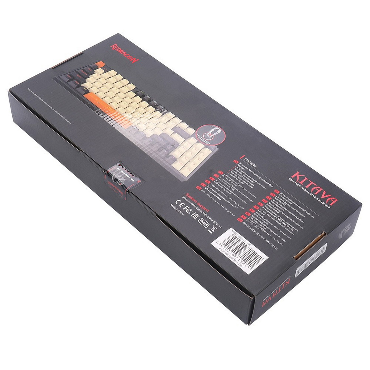 Widok z góry na otwarte pudełko klawiatury Redragon, pokazujące klawiaturę i funkcje.