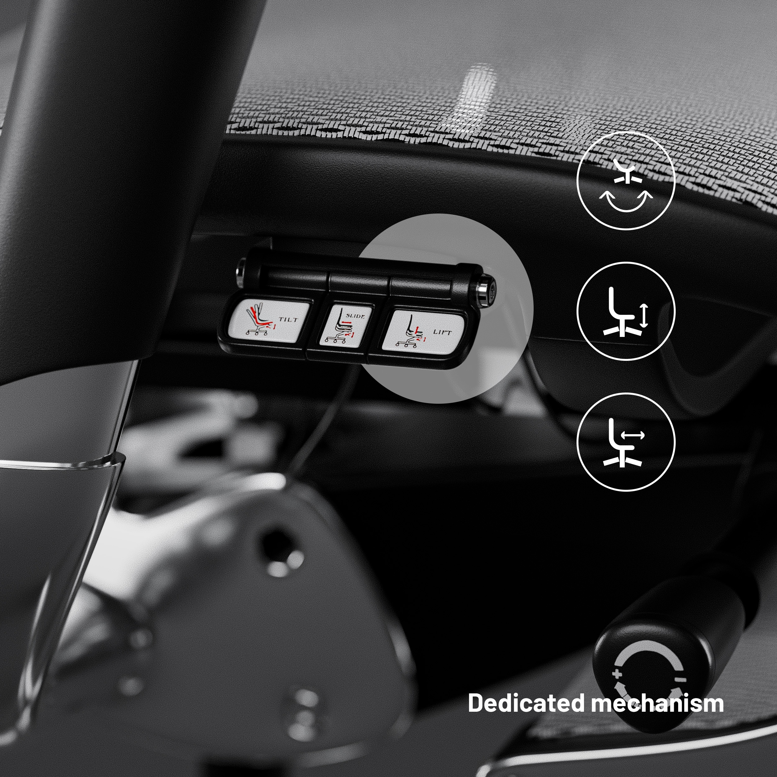 Zbliżenie elementów regulacyjnych krzesła, czarne i szare.