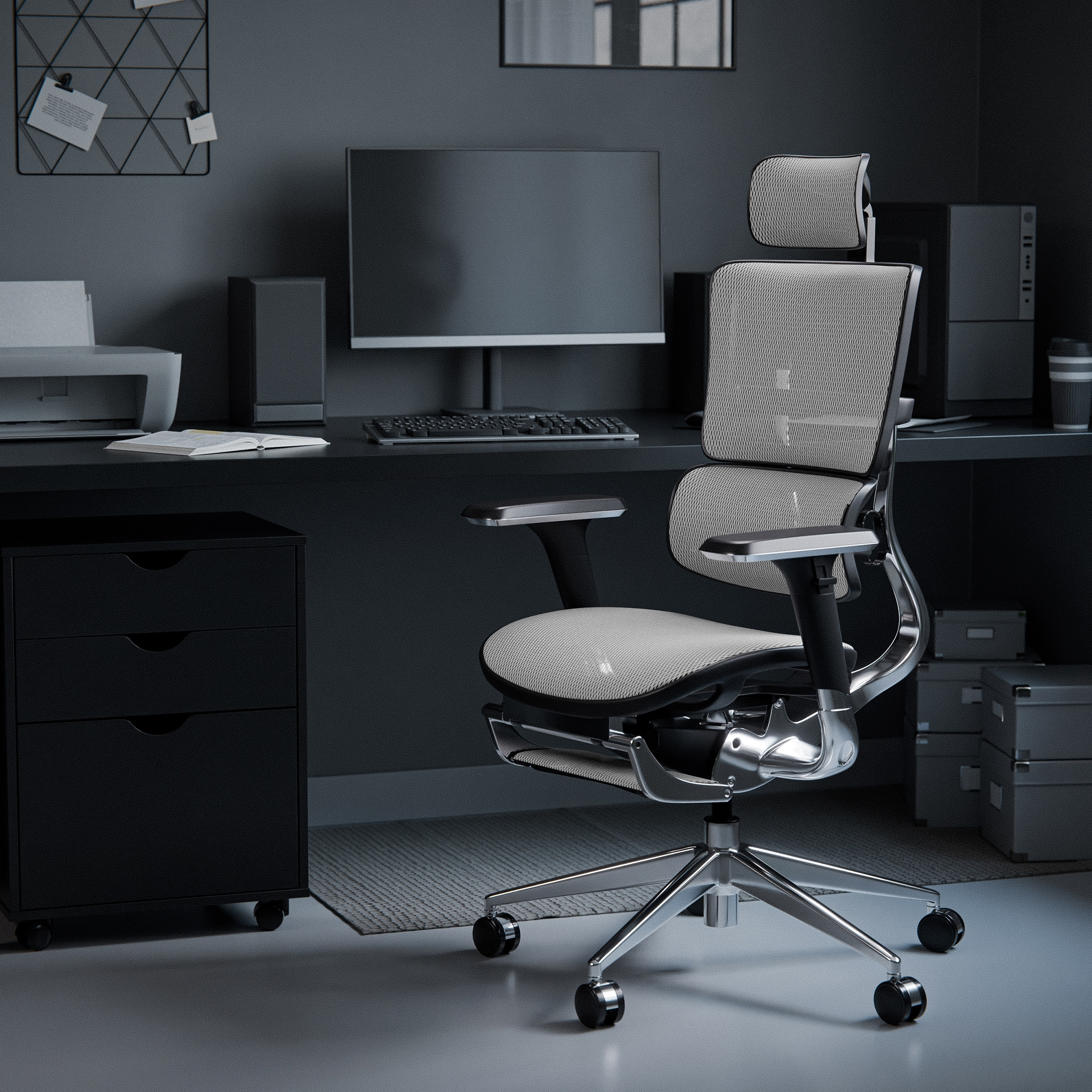 Ciemne ustawienie biura, z ergonomicznym krzesłem, komputerem i akcesoriami biurowymi.