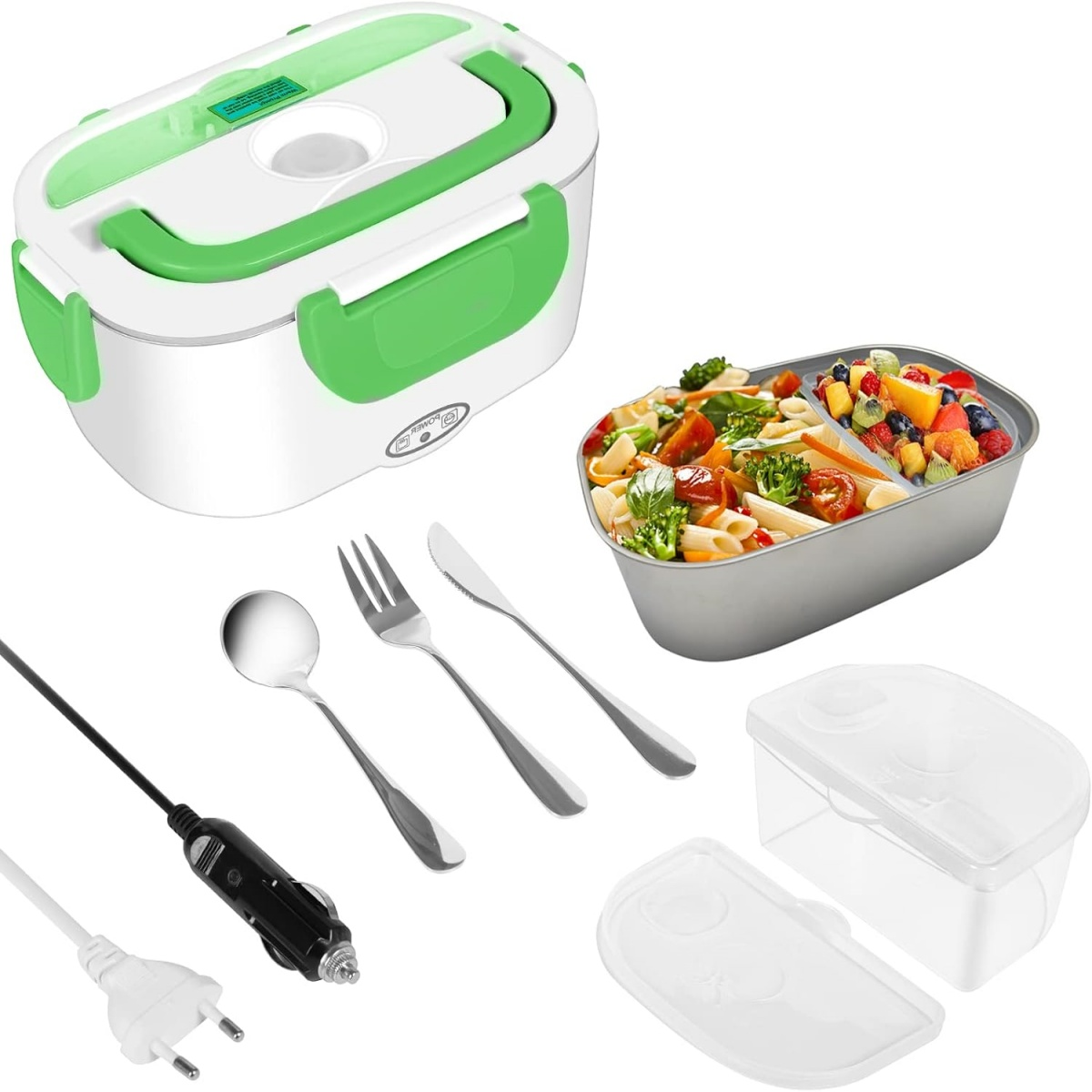 Elektrische Lunchbox mit Essen, Besteck und Netzkabeln. Weißer Hintergrund.