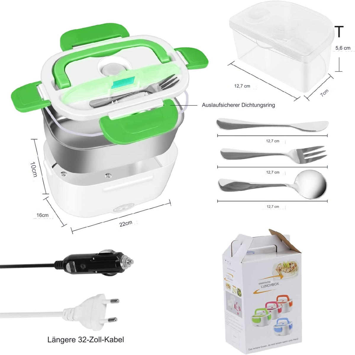 Eine Lunchbox mit angegebenen Abmessungen. Die Lunchbox ist weiß, grün und hat einen Griff, ein Netzkabel und eine Box.