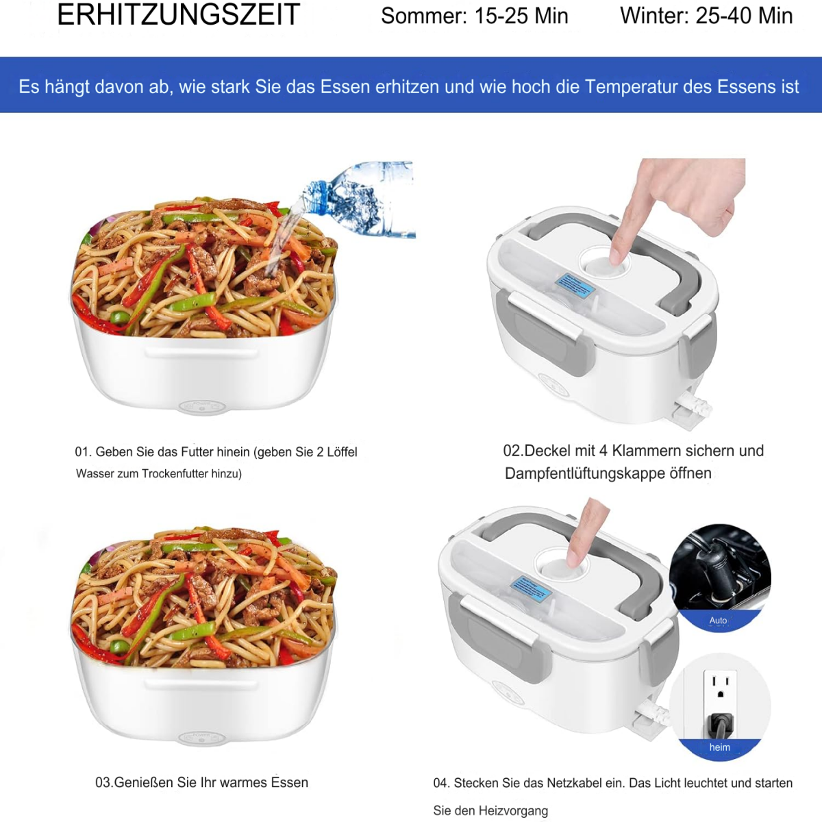 Ein Essenswärmer mit einer Schale Nudeln. Anweisungen zeigen, wie man das Essen benutzt und erhitzt.