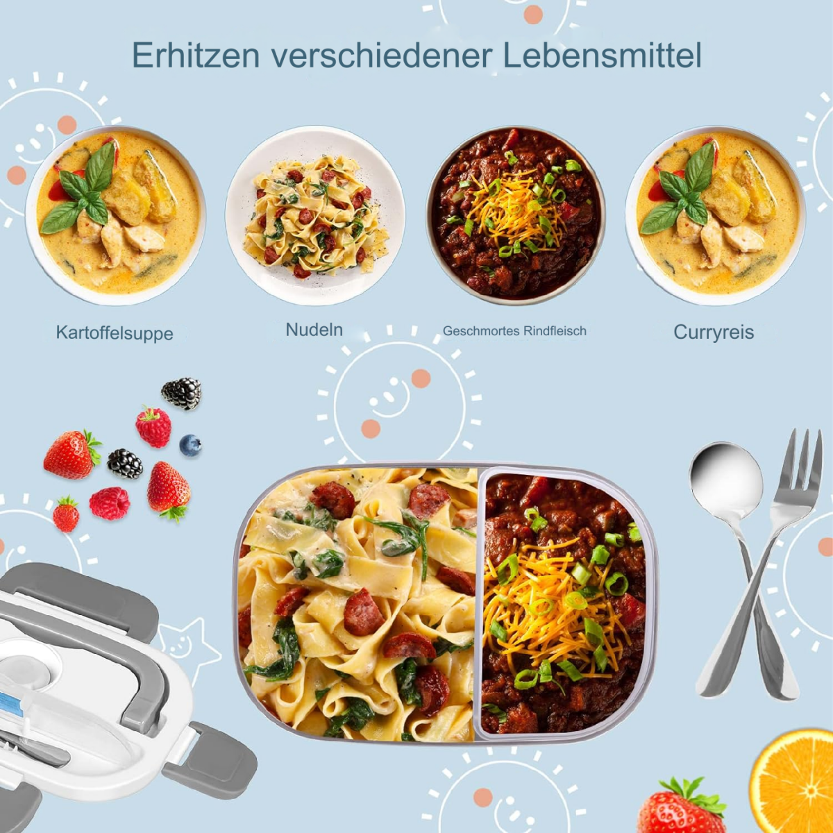 Lebensmittelbilder von Suppe, Nudeln, Rindfleisch und Curryreis, mit Obst und Brotdose.