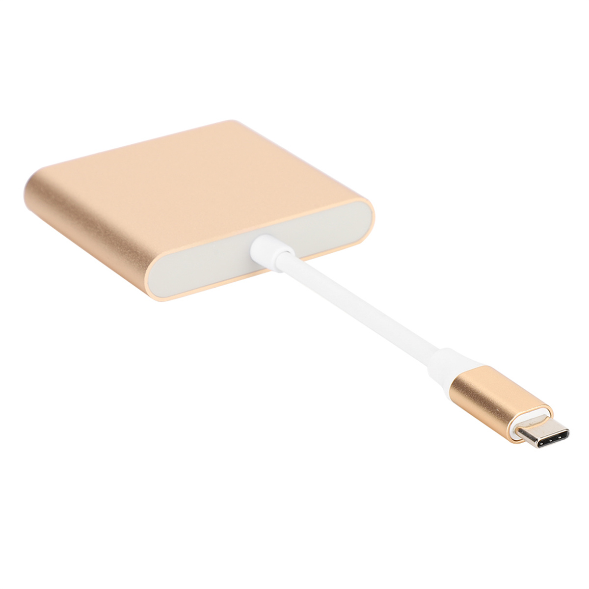 Goldener USB-C-zu-USB-Adapter, weißes Kabel, weißer Hintergrund.