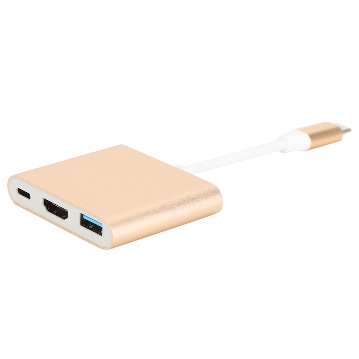 Goldfarbener USB-C-Adapter mit Anschlüssen.