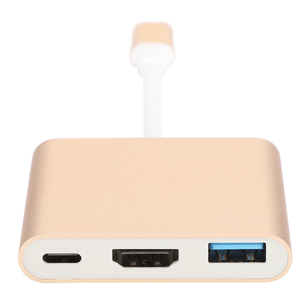 Goldener USB-C-Hub mit HDMI- und USB-Anschlüssen. Weißes Kabel angeschlossen.
