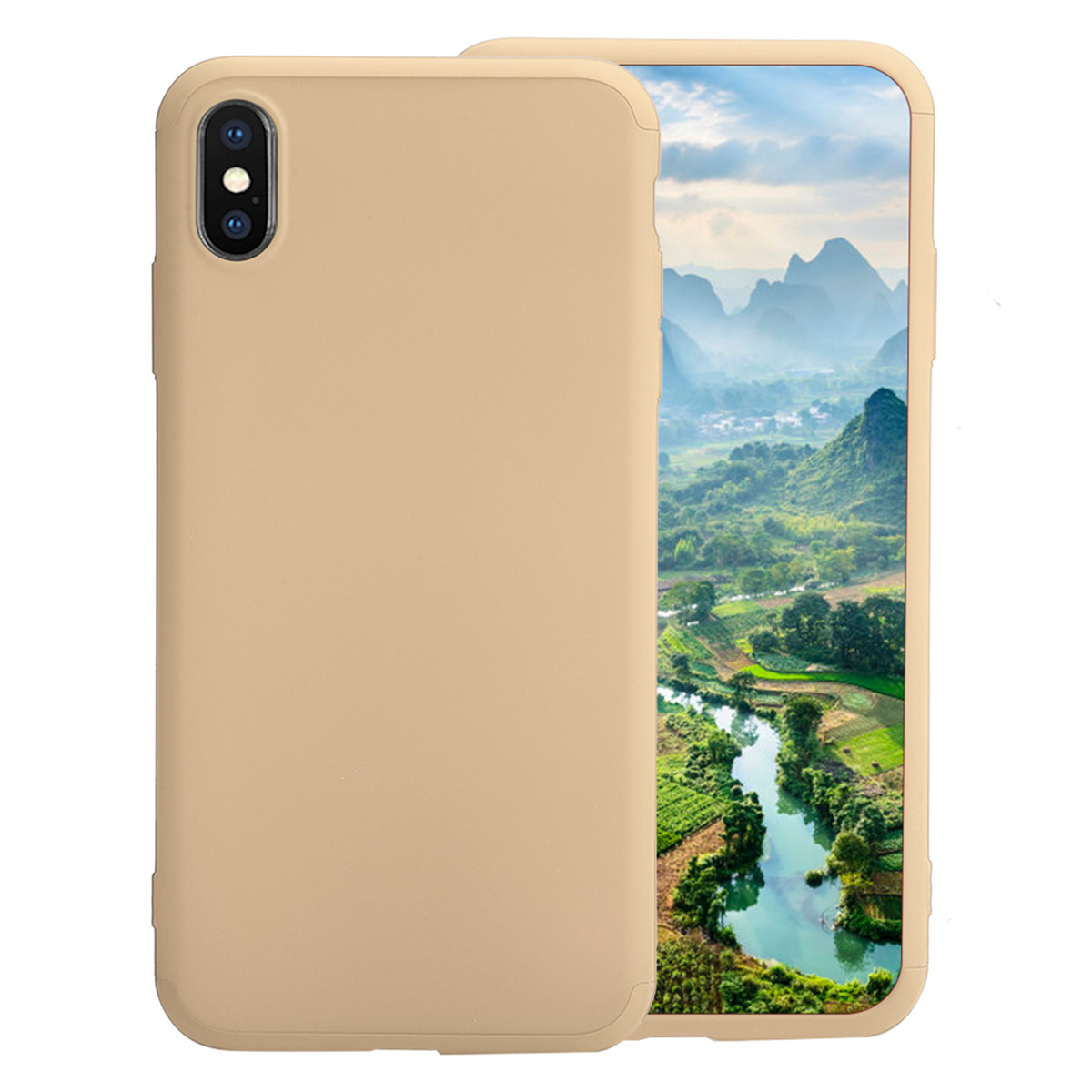 Ein Smartphone in einer beigefarbenen Hülle, das eine Landschaftsszene auf dem Bildschirm zeigt.