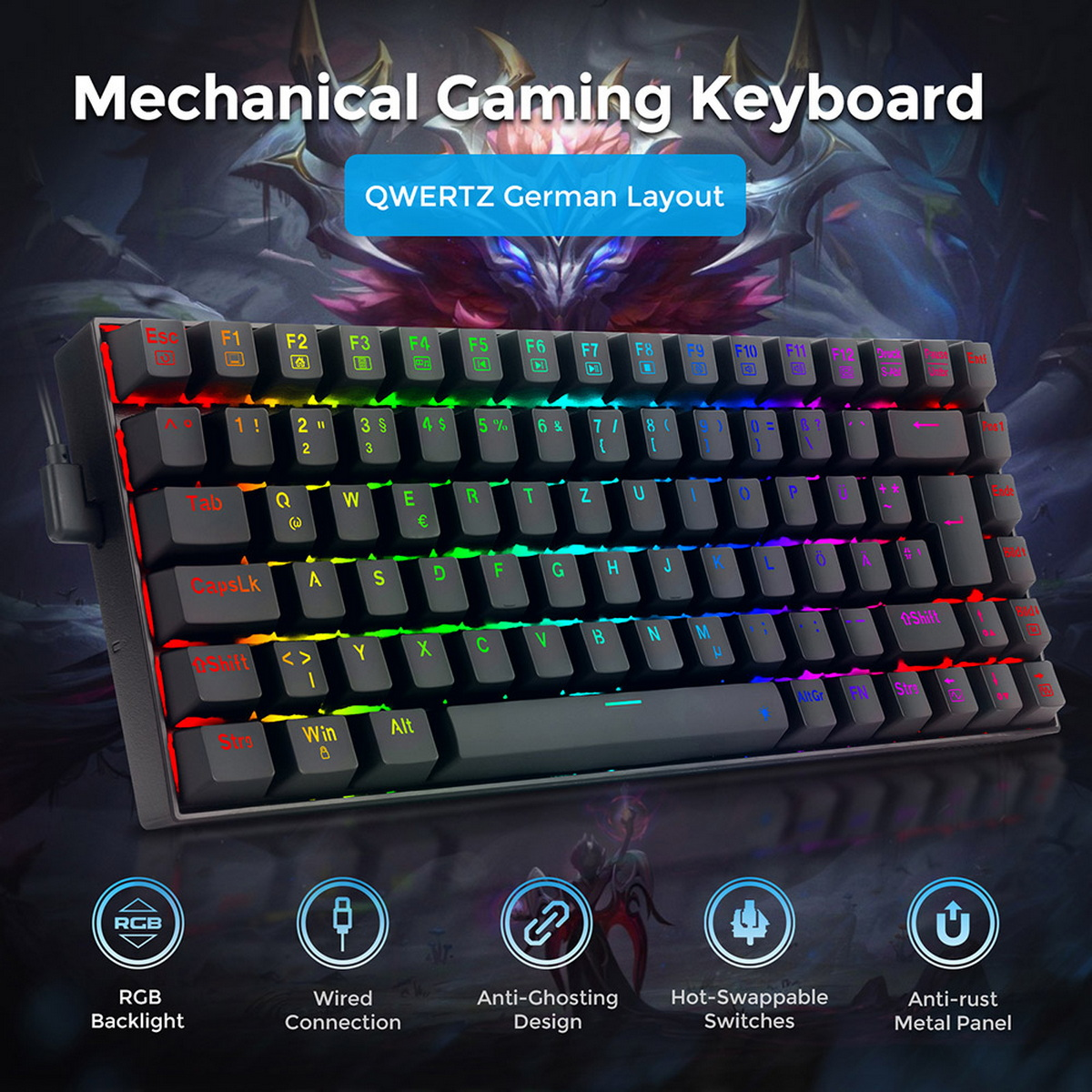 Mechaniczna klawiatura gamingowa z podświetleniem RGB, niemieckim układem QWERTZ i konstrukcją anti-ghosting.