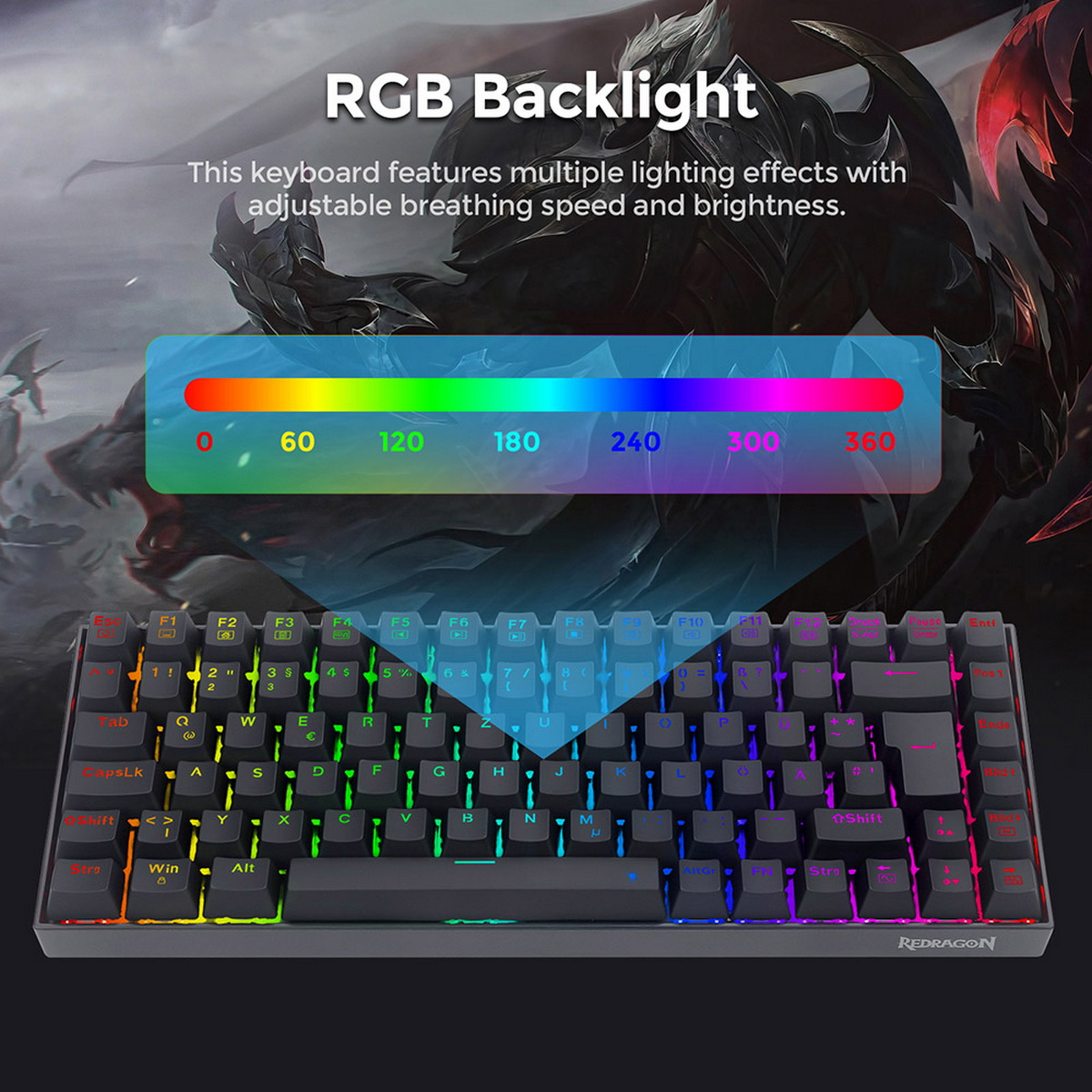Klawiatura z podświetlanymi klawiszami w kolorach tęczy, tekst 'RGB Backlight'.