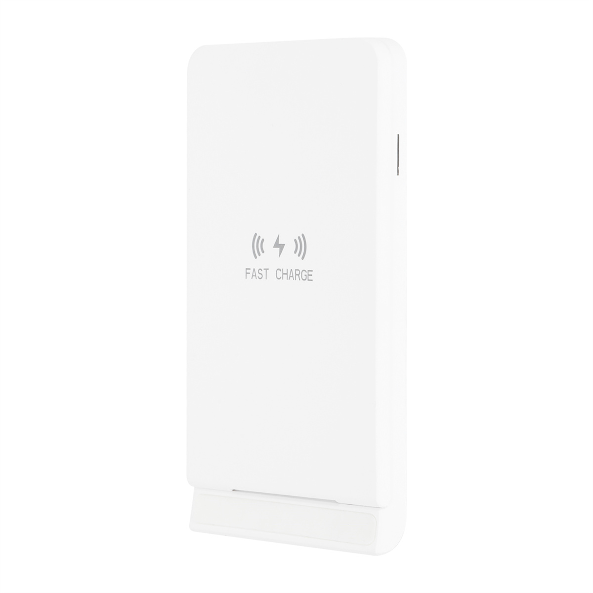 Ein weißes kabelloses Ladegerät mit dem Text "FAST CHARGE" und einem kabellosen Ladesymbol.