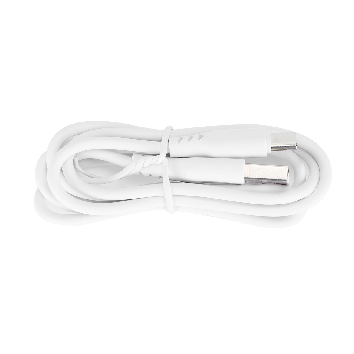 Gewendeltes weißes USB-C-Kabel mit kleinem Kunststoffbinder, isoliert auf weißem Hintergrund.