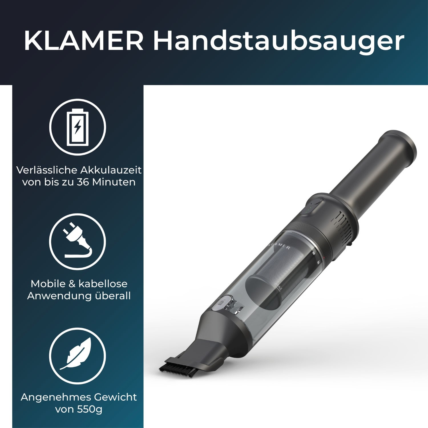 Schwarzer Handstaubsauger mit Symbolen für Akkulaufzeit, kabellose Nutzung und geringes Gewicht.