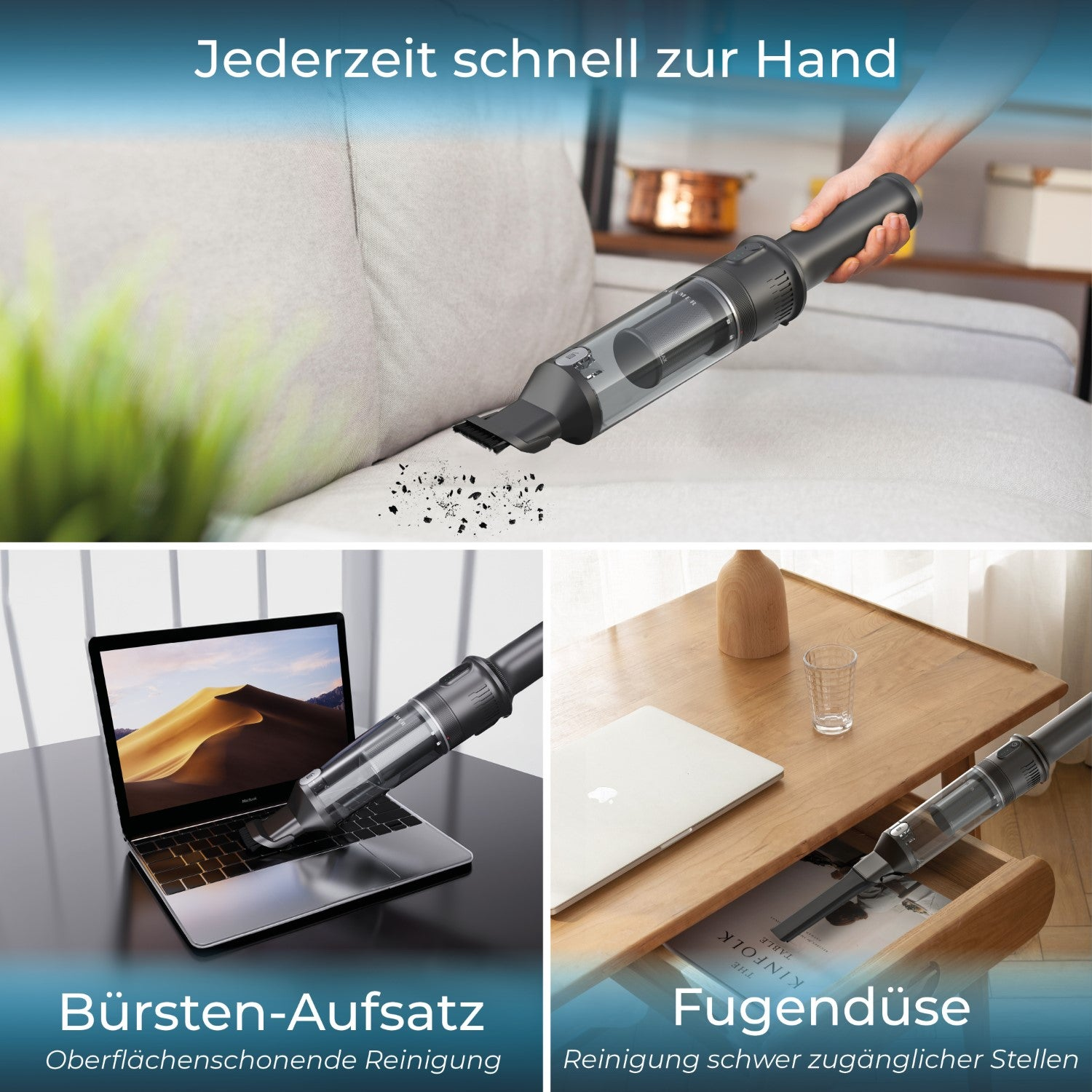 Ein Staubsauger, der auf einem Laptop, einer Schublade und einem Sofa verwendet wird. Er ist schwarz und silberfarben.