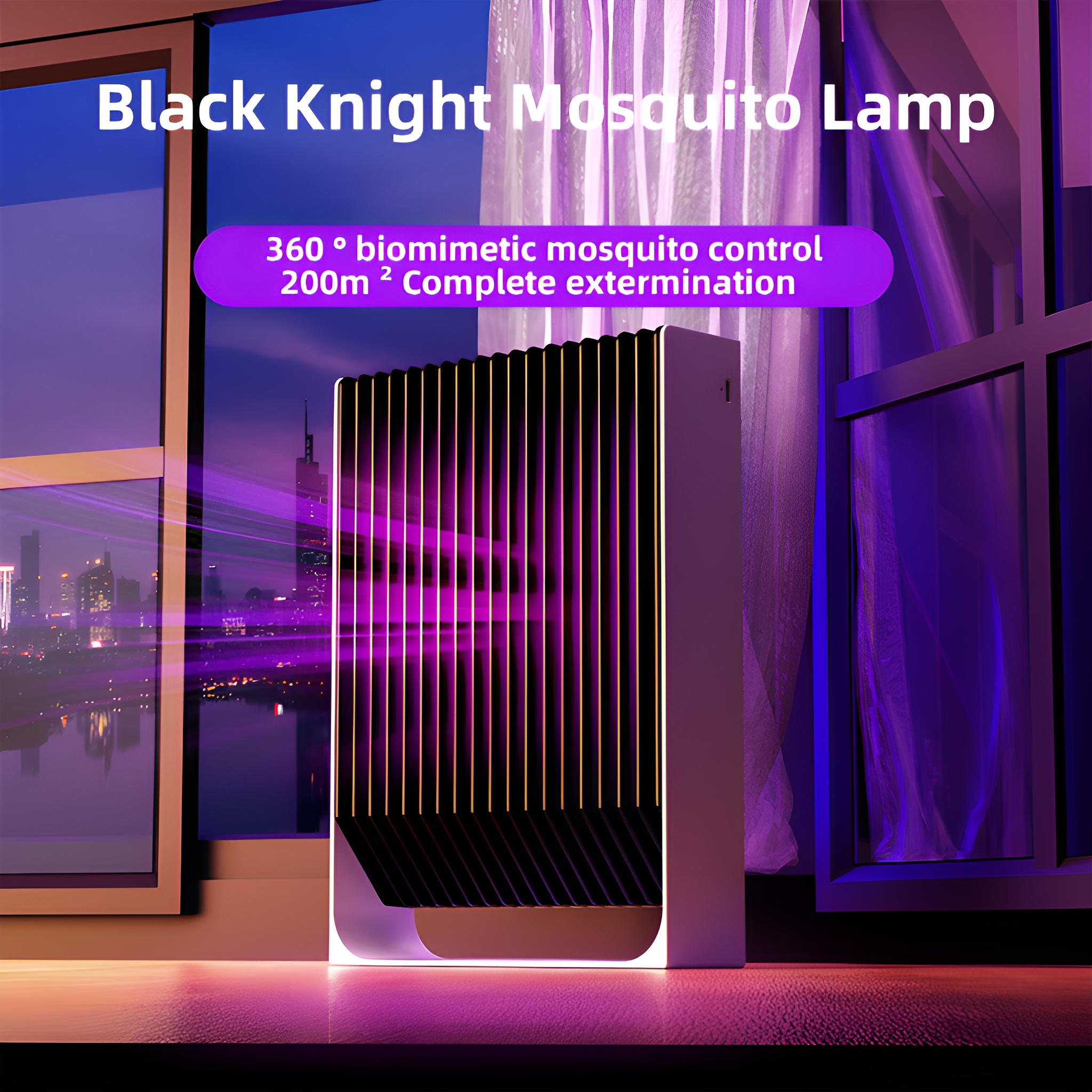 Eine Black Knight Mückenlampe, die violettes Licht ausstrahlt, in einem Raum mit Fenstern. Nachtszene.