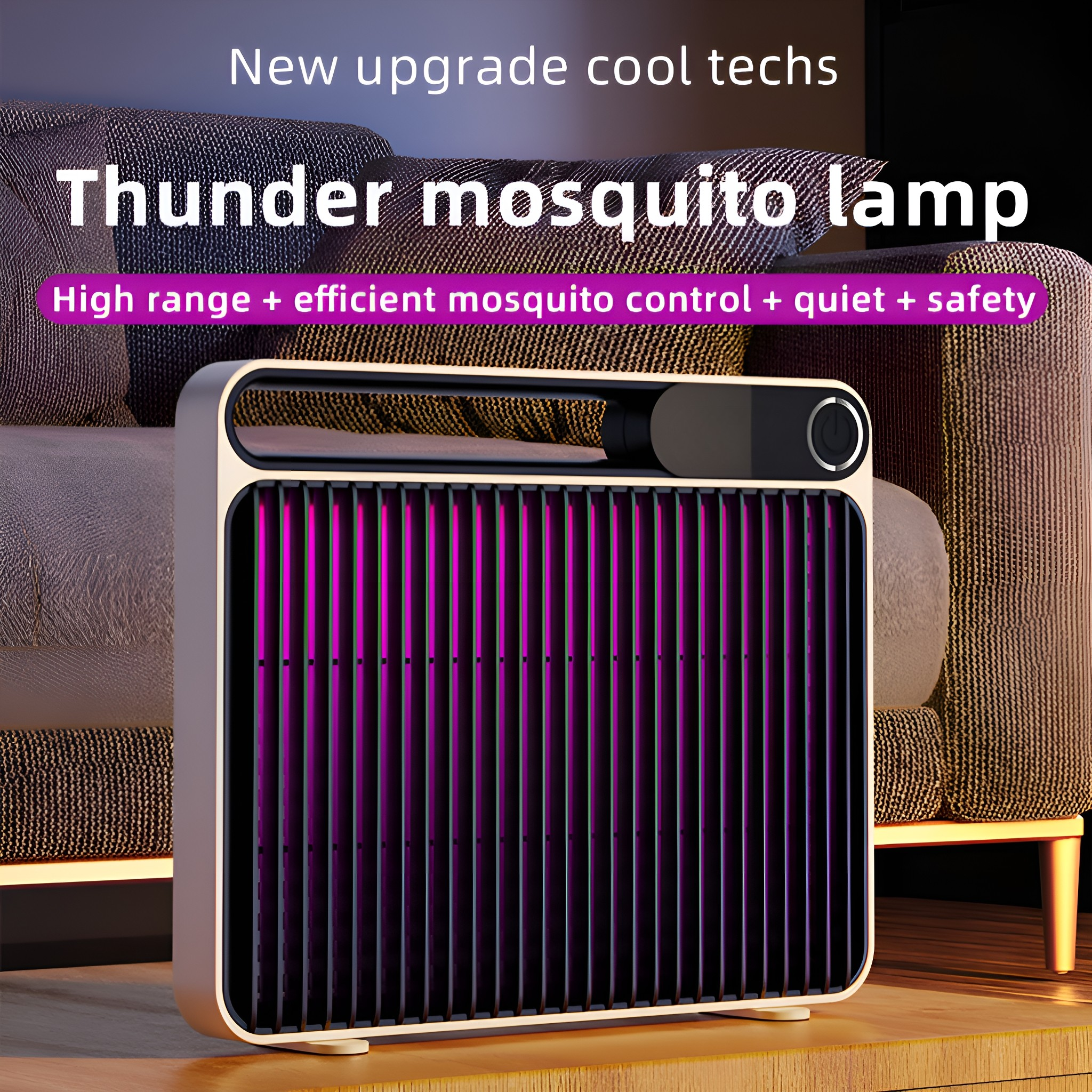 Moskitolampe mit lila Licht. Text: 'Thunder mosquito lamp', 'New upgrade cool techs'.