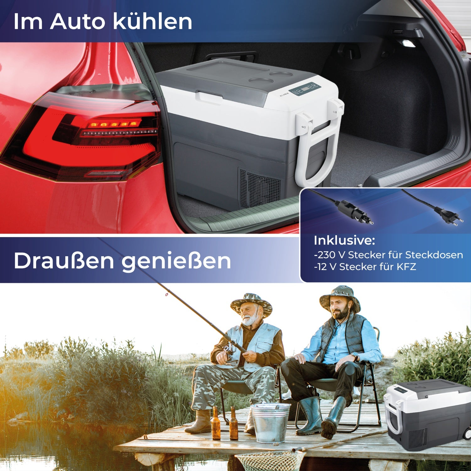 Bild von einer Kühlbox im Kofferraum eines Autos und zwei Männern beim Angeln am See.