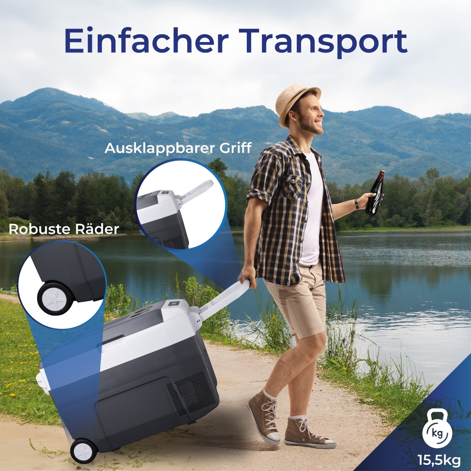 Mann zieht eine tragbare Kühlbox. Sie ist grau und weiß, mit Rädern und einem Griff.