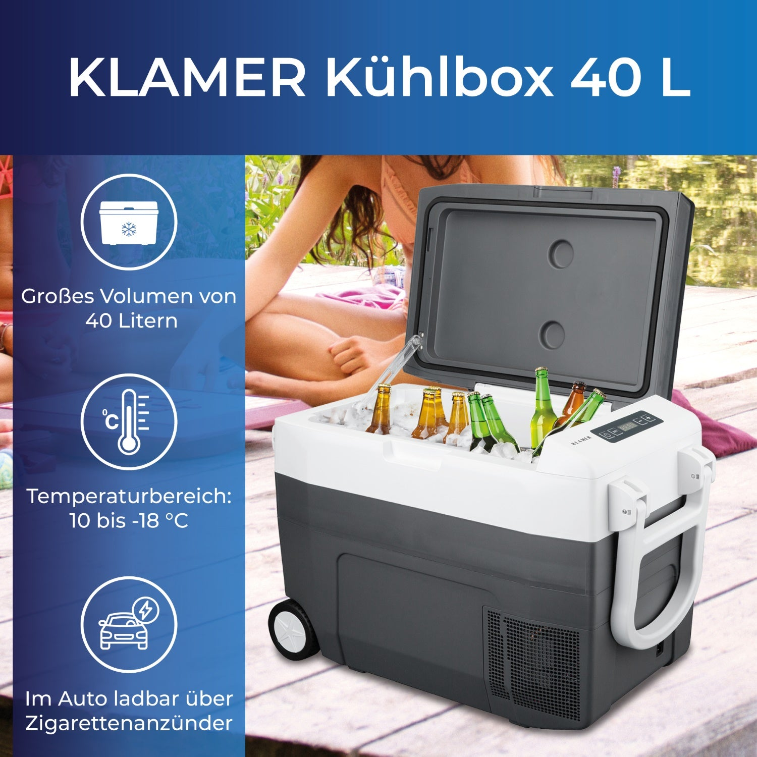 Eine Kühlbox mit Getränken und Eis. Text sagt KLAMER Kühlbox 40 L.