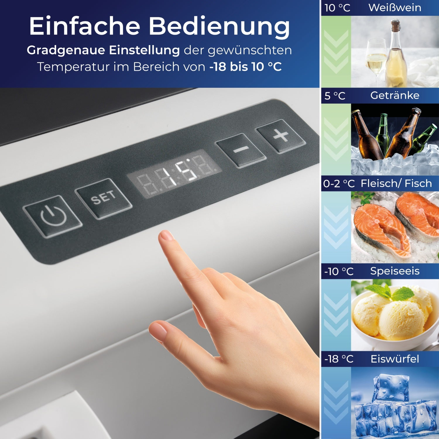Eine Hand berührt einen Bildschirm mit Temperaturoptionen. Text sagt 'Einfache Bedienung'.