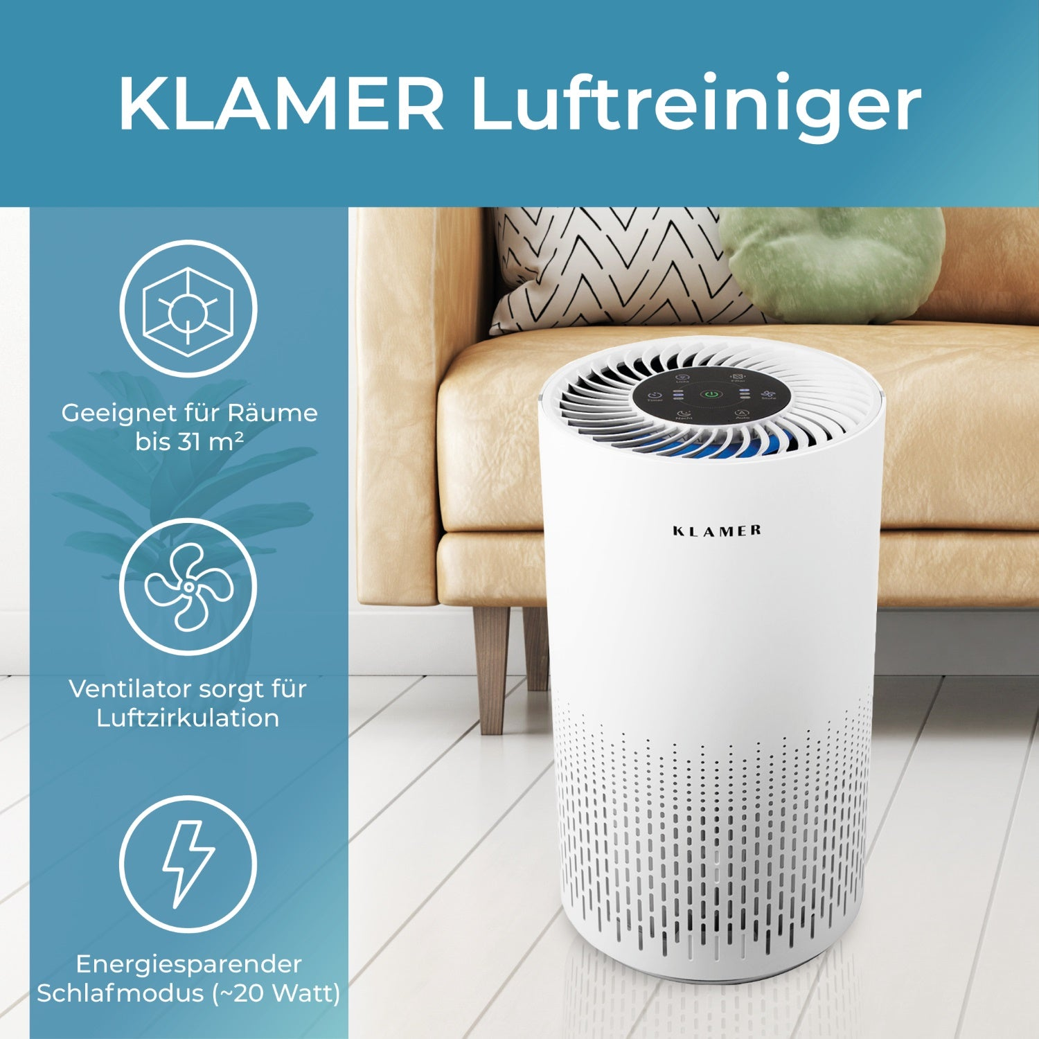 Weißer Luftreiniger mit Bedienelementen und Text, plus Symbolen. Konzept der sauberen Luft.