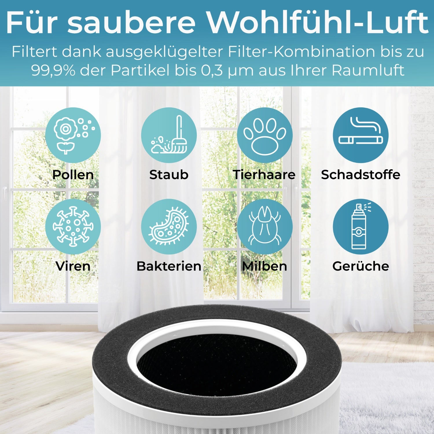 Luftreiniger mit Filter, verschiedene Symbole, die Schadstoffe darstellen, und ein Fenster im Hintergrund.