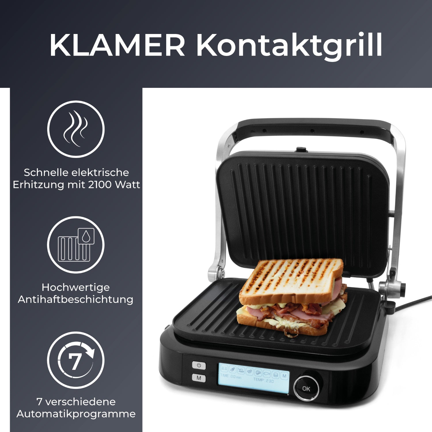 Schwarzer Kontaktgrill mit einem Sandwich im Inneren und Symbolen, die Funktionen beschreiben.