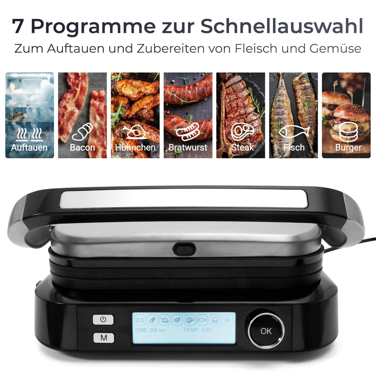 Ein schwarzer Grill mit Digitalanzeige und Symbolen für verschiedene Kochprogramme.