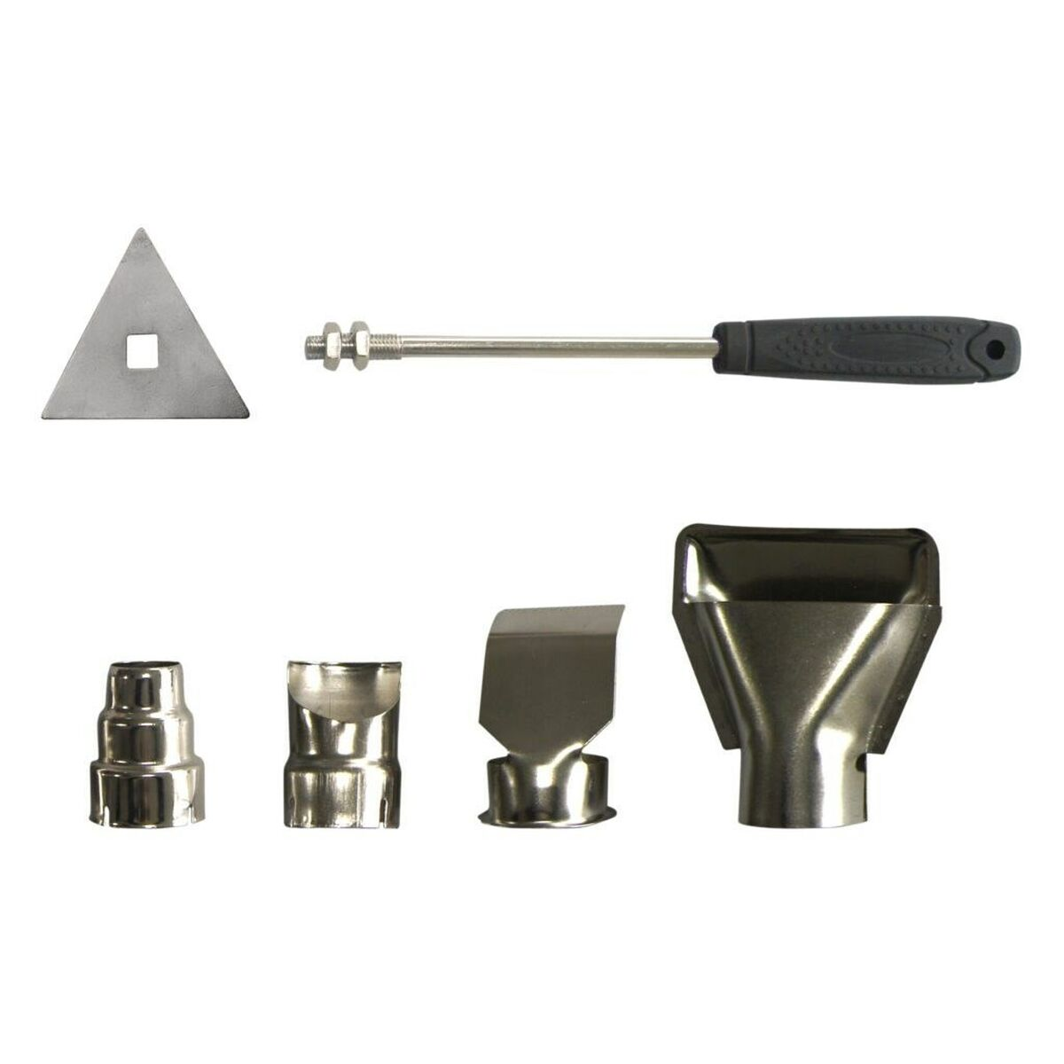 Vari strumenti metallici: un triangolo, un cacciavite e ugelli, su sfondo bianco.