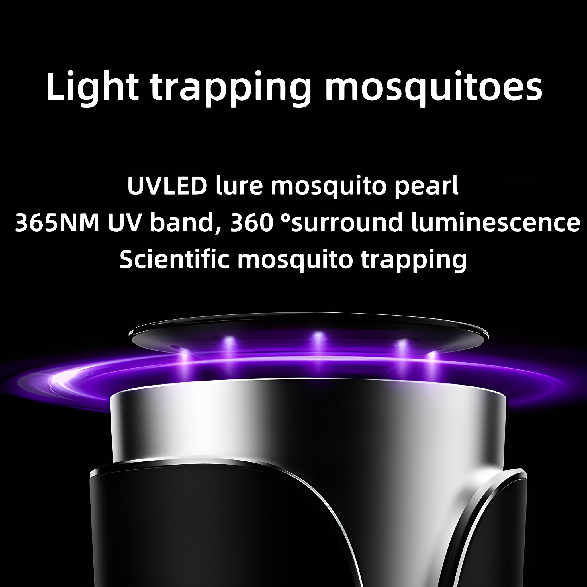 Schwarze Mückenfalle. Das Gerät strahlt violettes Licht aus. Text beschreibt UV-LED und 360-Grad-Lumineszenz zum Fangen von Mücken.