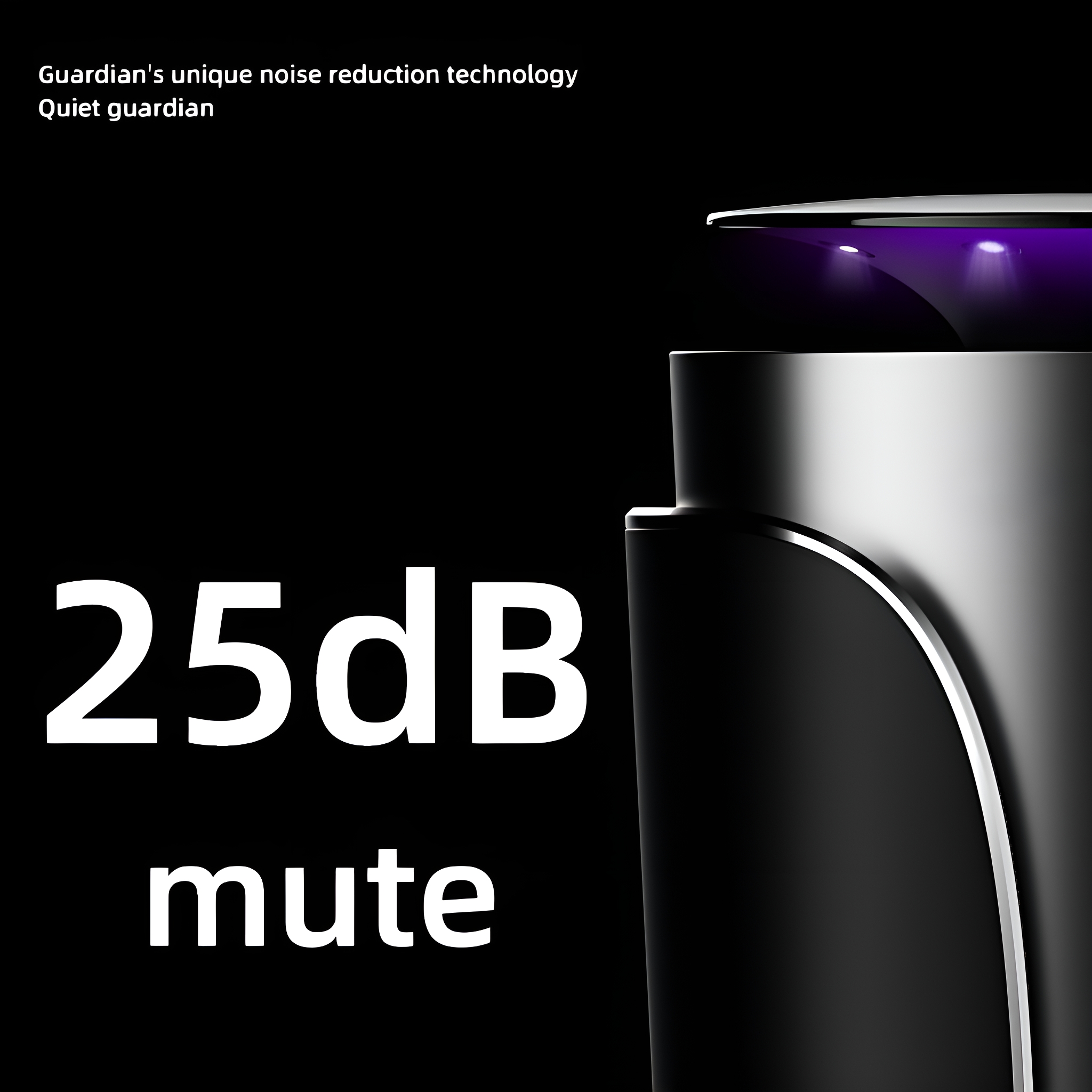Schwarzes Gerät mit dem Text '25dB mute' auf schwarzem Hintergrund.