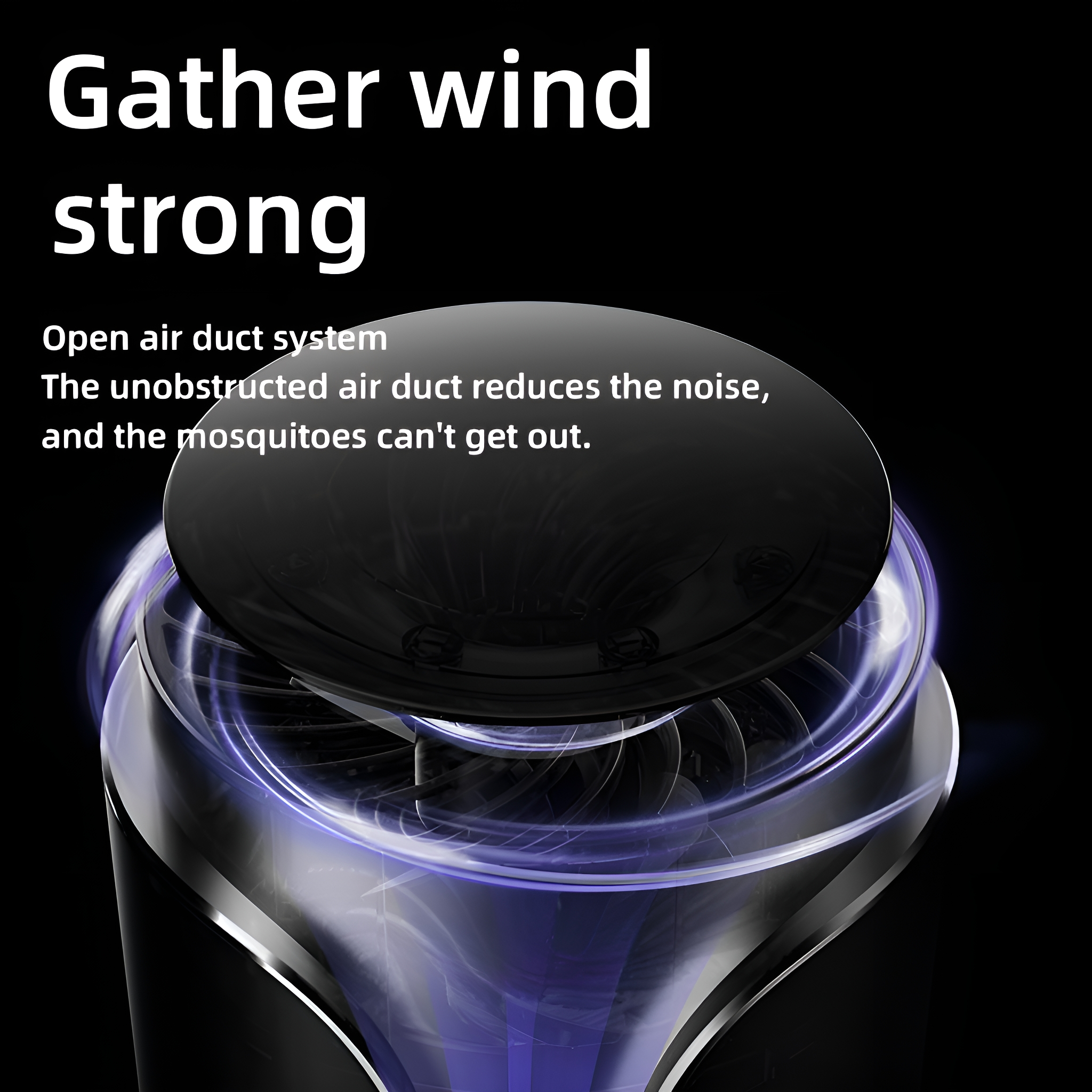 Schwarzes Mückenvernichtungsgerät mit Text 'Gather wind strong' und einem Ventilator.