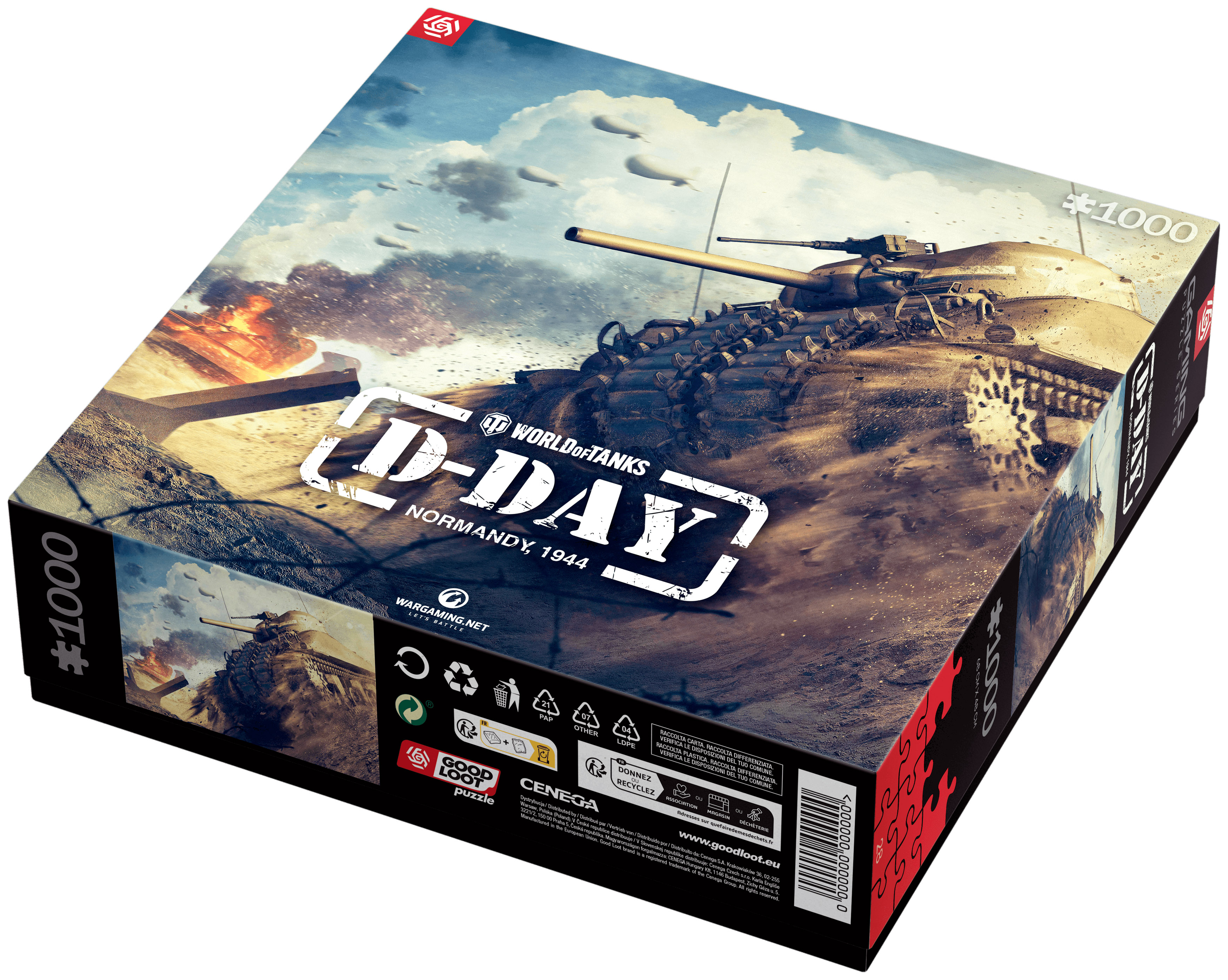 Una scatola di puzzle del D-Day con un'immagine di un carro armato e le parole 'D-DAY NORMANDY 1944'.