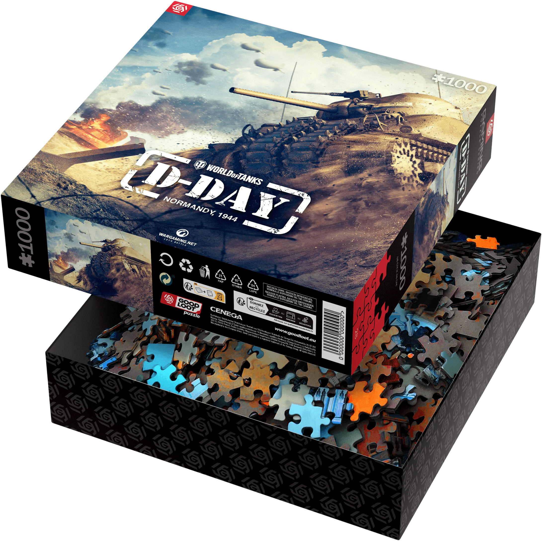 Scatola di puzzle con l'immagine di un carro armato su un campo di battaglia. La scatola è aperta.