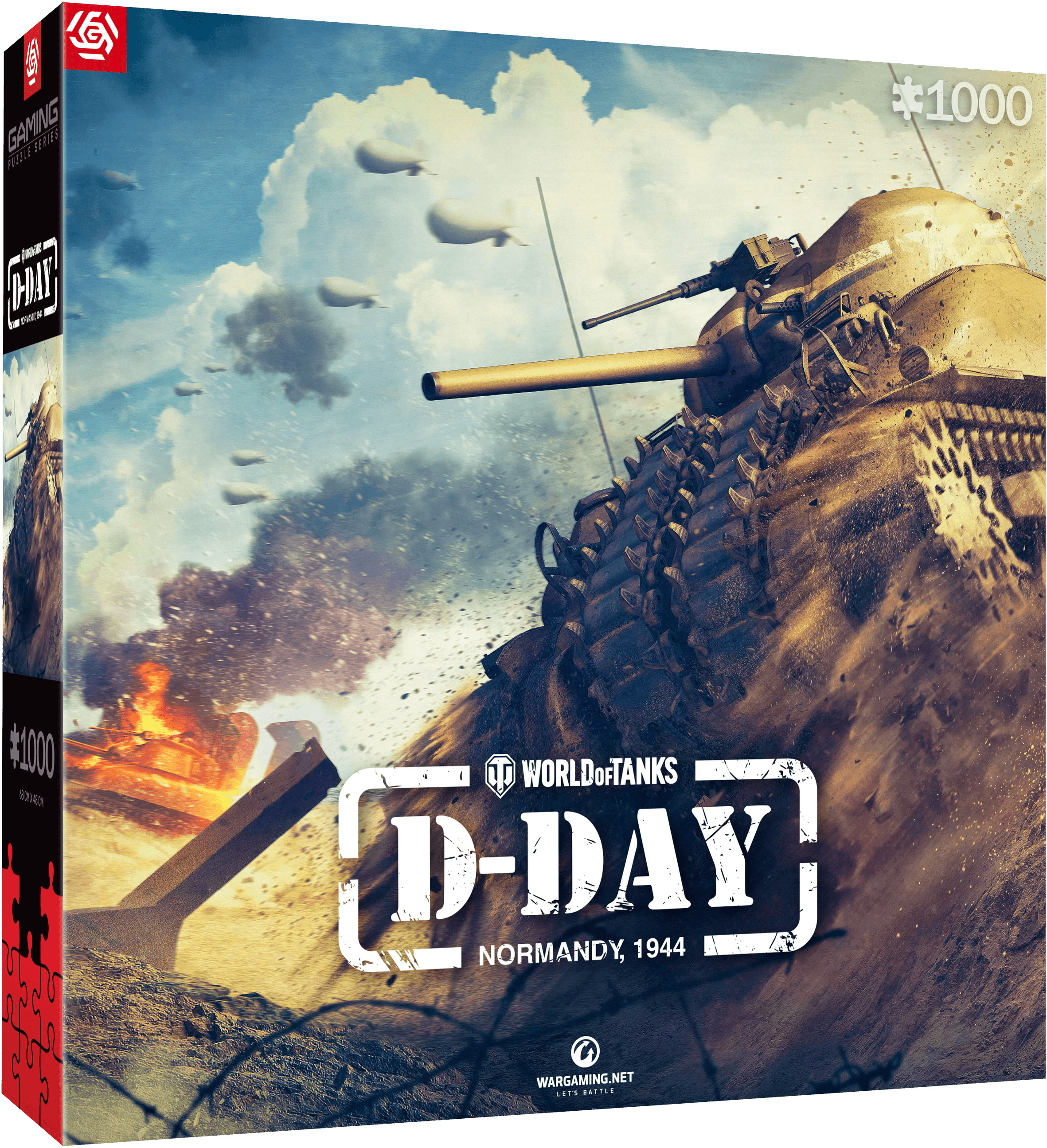 Scatola di puzzle con un carro armato sul campo di battaglia del D-Day, con un logo del D-Day.