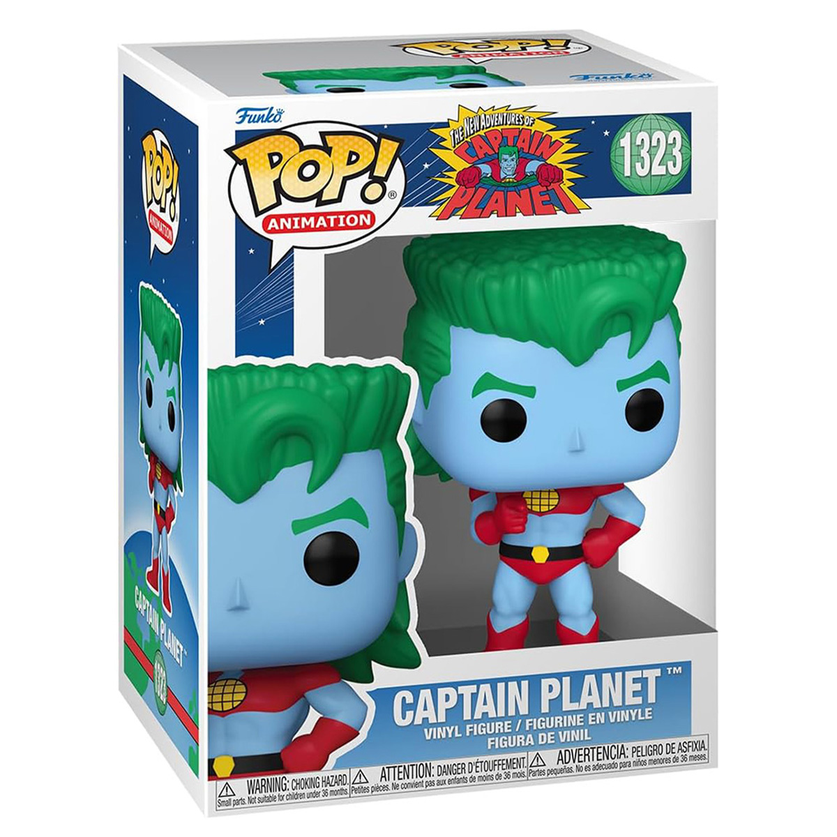 Una action figure di Captain Planet in una scatola. È blu con i capelli verdi.