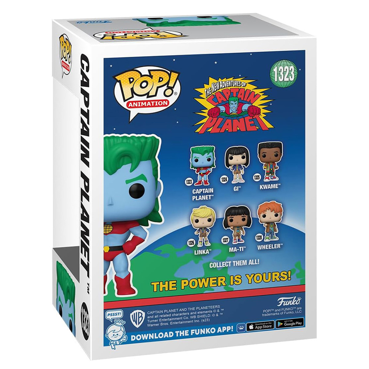 Una scatola Funko Pop di Captain Planet mostra i personaggi. Il retro mostra tutti i personaggi. La scatola è bianca.