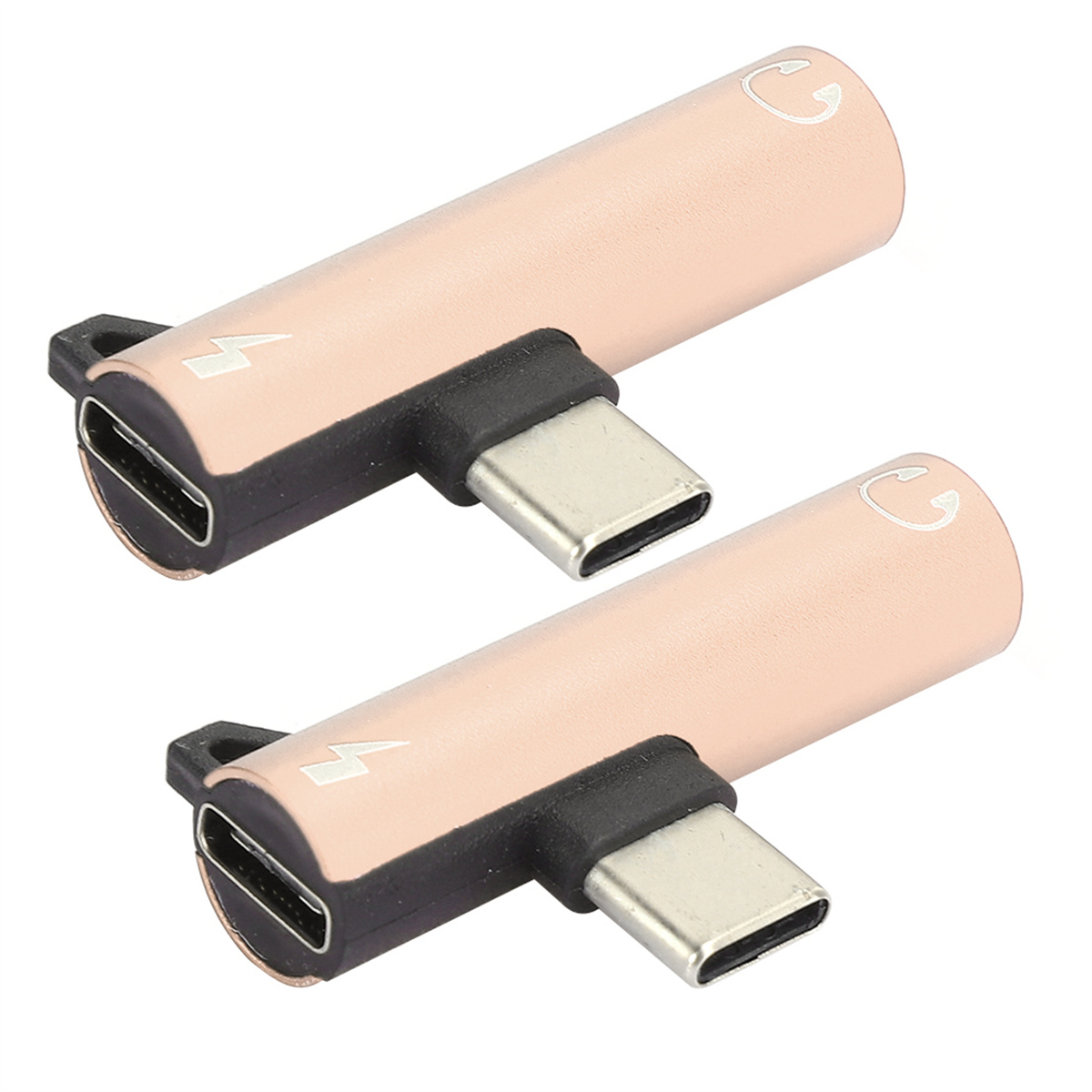 Zwei roségoldene USB-C-Adapter. Beide haben einen USB-Anschluss und einen USB-C-Anschluss.