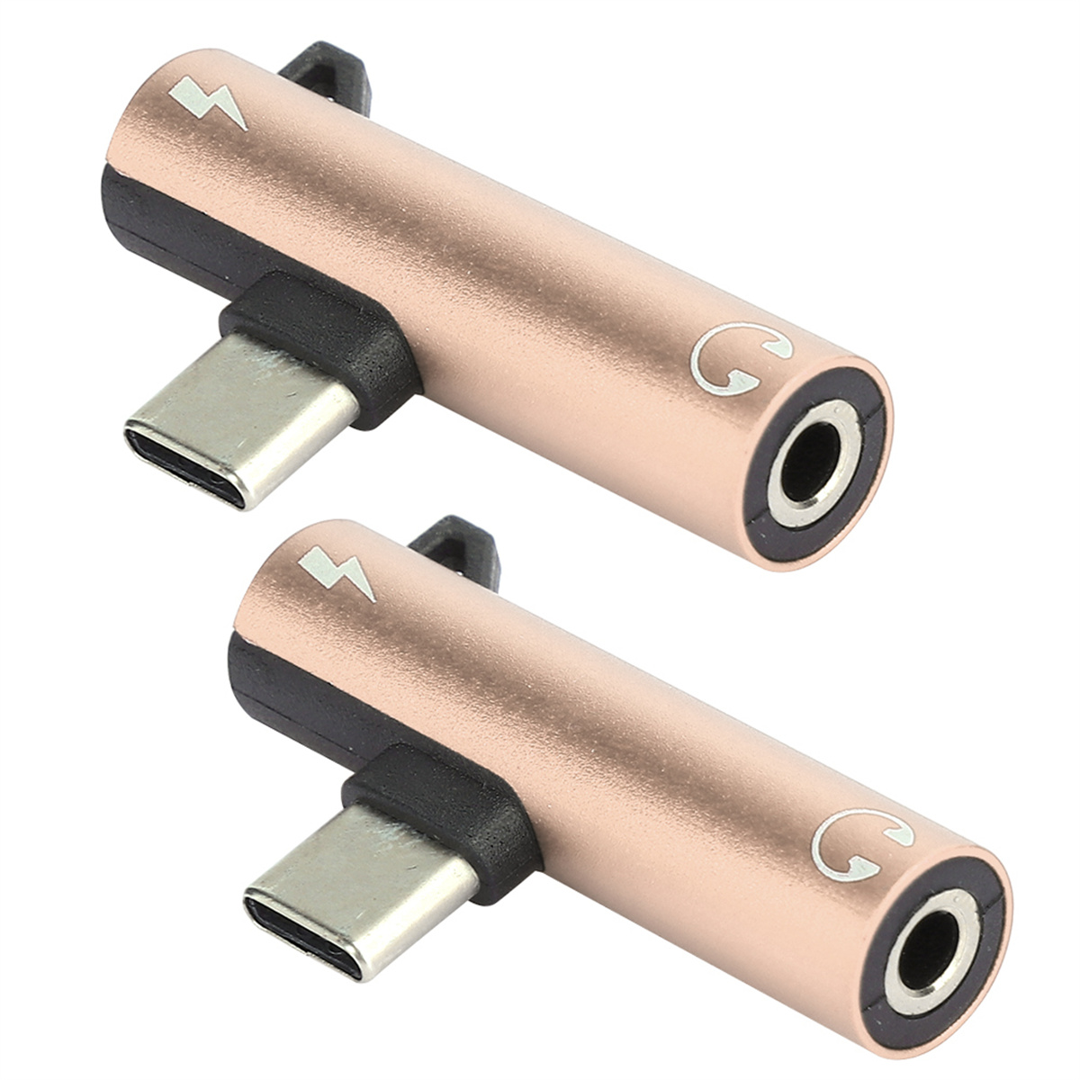 Zwei Adapter von USB-C auf 3,5-mm-Audio in Roségold. Jeder hat einen Anschluss und ein Blitzlogo.