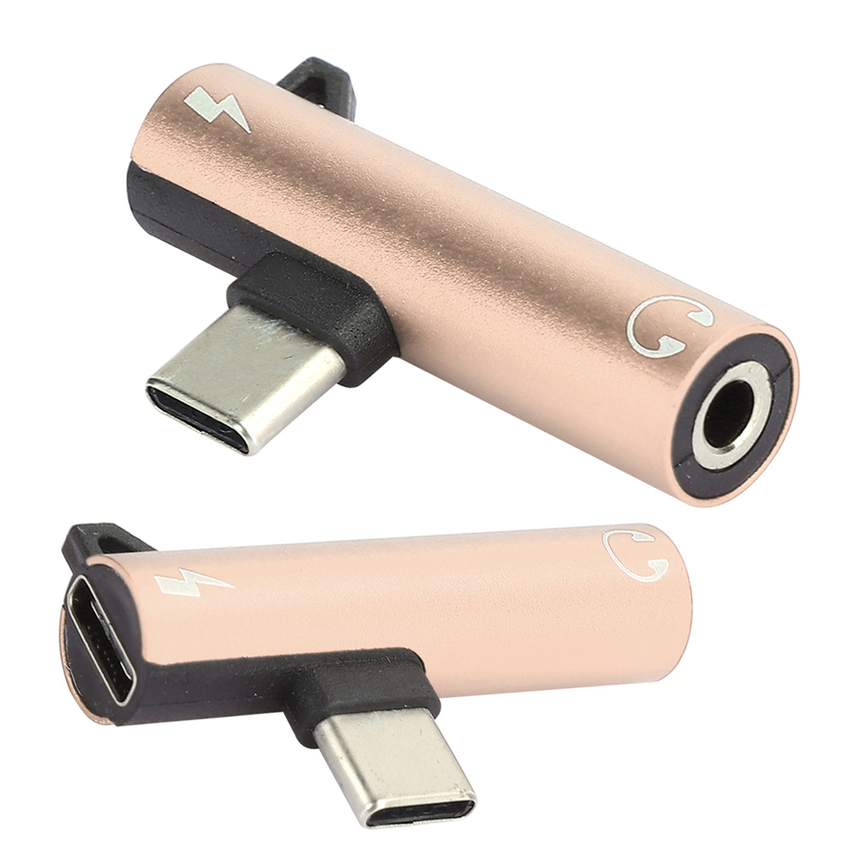 Roségoldener USB-C-zu-3,5-mm-Audioadapter mit USB-C-Anschluss und Kopfhöreranschluss.