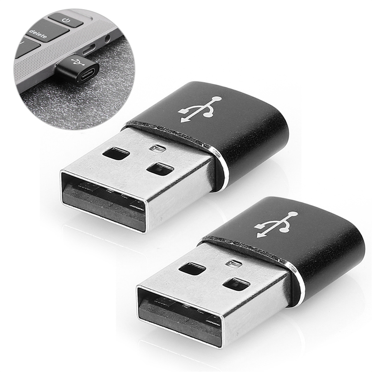 Zwei USB-C-zu-USB-Adapter. Sie sind schwarz mit einem silbernen USB-Ende.