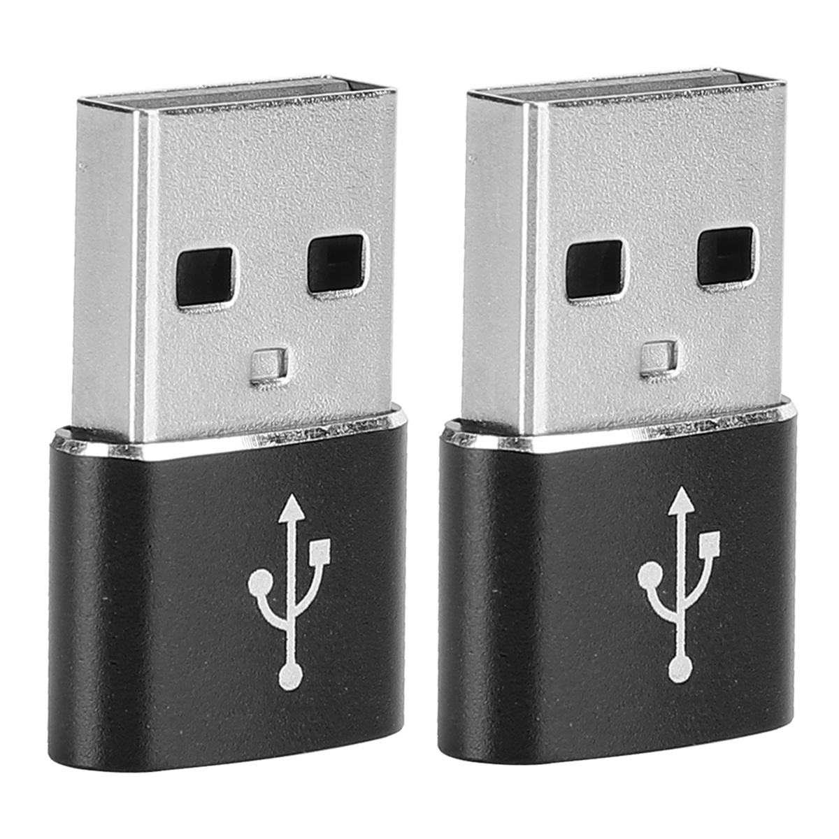 Zwei schwarze USB-Adapter, silberne Stecker, mit USB-Symbolen, auf weißem Hintergrund.