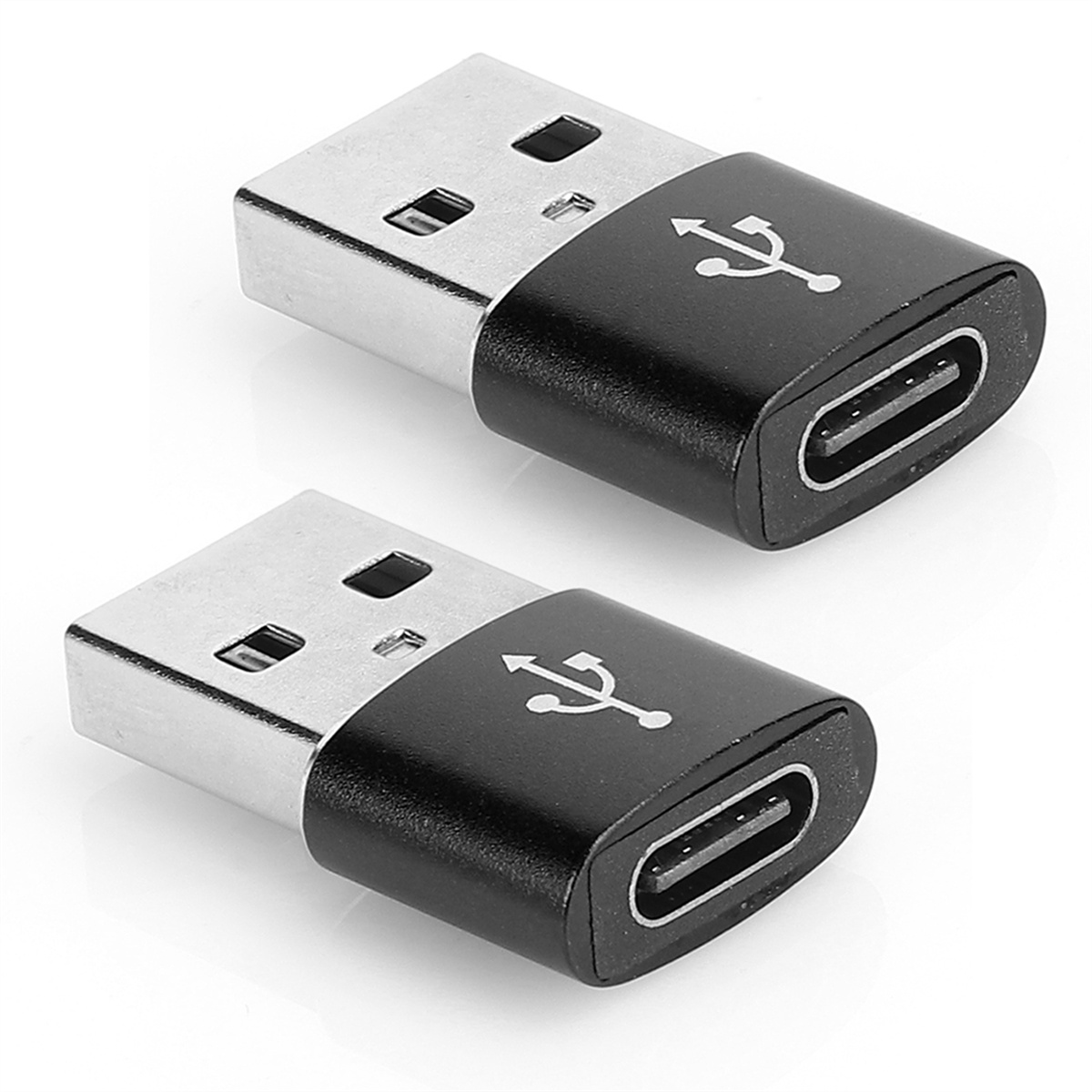 Zwei schwarze USB-C-zu-USB-Adapter auf weißem Hintergrund.