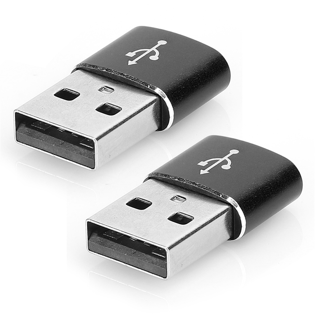 Zwei schwarze USB-Adapter mit einem USB-Symbol. Sie haben silberne Anschlüsse.